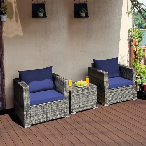 Miniatura 3 de Tangkula Juego de muebles de patio de 3 piezas, juego de sofá de mimbre de ratán PE con cojín lavable y mesa de vidrio templado, muebles de Mezcla