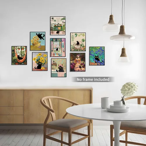 Miniatura 4 de Divertido póster de arte de pared de gato negro, juego de 9, impresiones en lienzo vintage de gato negro de Van Gogh, impresiones estéticas florales