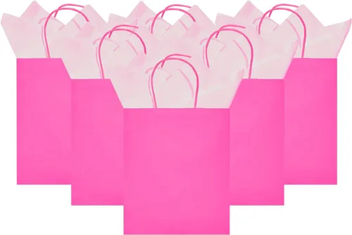 Miniatura 9 de DjinnGlory Paquete de 24 bolsas de regalo de papel rosa intenso de tamaño mediano con asas de 10 x 8 x 4 pulgadas y 24 papel de seda rosa para Rosa