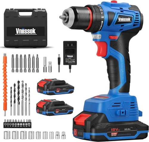 Vniissok Juego de taladro inalámbrico, destornillador de impacto eléctrico sin escobillas de 18 V con batería y cargador, portabrocas sin llave de