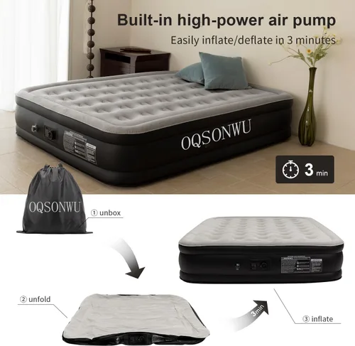 Miniatura 5 de Colchón de aire de 16 pulgadas tamaño Queen con bomba integrada, colchón inflable plegable portátil Queen, capacidad de peso de 660 libras, colchón