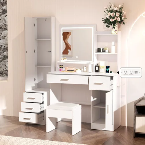 Miniatura 6 de INTERGREAT Tocador de maquillaje con luces y espejo, escritorio de tocador blanco, tocador con cajones grandes, 3 modos de iluminación, espejo
