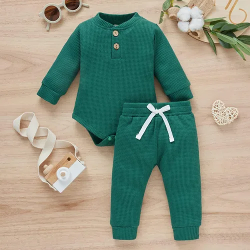 Miniatura 8 de Conjunto de 2 piezas acanaladas de 2 piezas para bebé recién nacido unisex para otoño e invierno