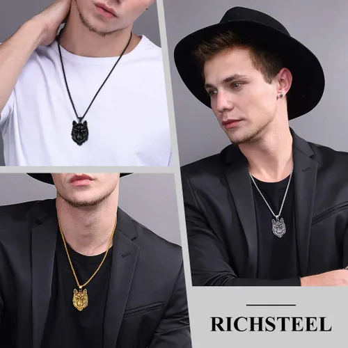 Miniatura 3 de Richsteel Necklaces for Men 316 Stainless Steel18K Gold PlatedBlack Wolf Pendant Viking Nordic Jewelry