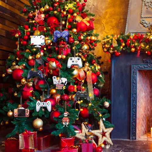 Miniatura 6 de Kathfly 27 piezas de adornos de videojuegos navideños para árbol de Navidad, controlador de sistema de madera, etiqueta colgante para fiesta