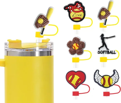 6 piezas de cubiertas de popote de béisbol para vasos Stanley – Lindas tapas reutilizables de silicona de 10 mm para vasos de 30 oz/40 oz con asa,
