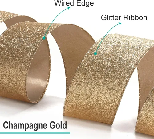 Miniatura 6 de Cinta de alambre con purpurina de 1,5" x 10 yardas dorada (oro champán) para decoración navideña del hogar, arcos, envoltorios de regalos