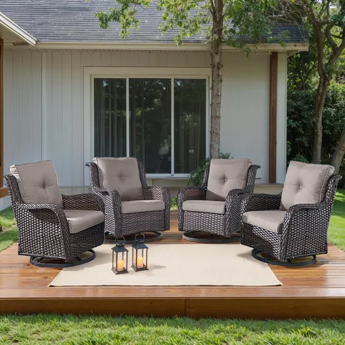 HUMMUH Sillas Mecedoras Giratorias de Mimbre para Patio Exterior con Respaldo Alto, Sillas Deslizantes de Ratán PE, Juego de Muebles de Patio de 4
