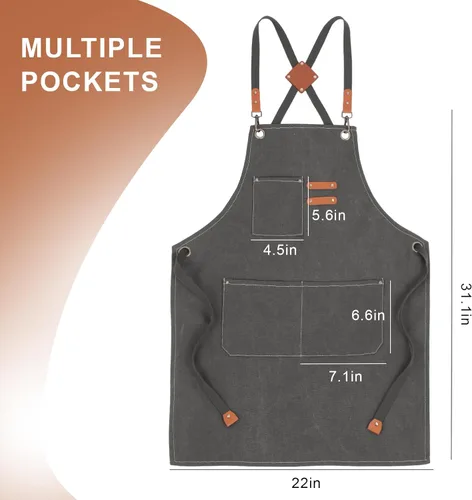 Miniatura 2 de Delantal de herramientas multifuncional para hombre, delantal de lona con múltiples bolsillos, soldadura, delantal de trabajo de carpintería, Gris