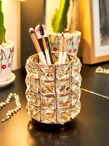 Miniatura 7 de Organizador de brochas de maquillaje de cristal dorado para cosméticos, brochas de peine, estuche de almacenamiento para lápices de cejas, dorado