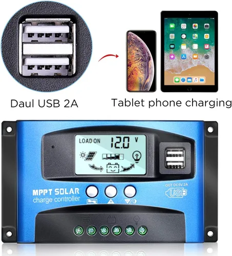 Miniatura 5 de controlador de carga solar MPPT 30A 12V/24V regulador inteligente automático para panel solar con puerto USB doble y pantalla LCD