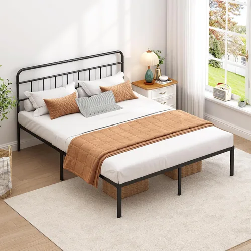 Miniatura 10 de Base de cama individual con cabecera clásica, soporte de listones de metal resistentes, espacio de almacenamiento debajo de la cama, no necesita
