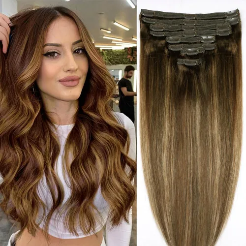 Miniatura 11 de Extensiones de cabello humano real con clip, 8 unidades, cabello humano Remy liso de seda suave natural, 4.23 oz, 20 pulgadas, negro natural #1B, 8