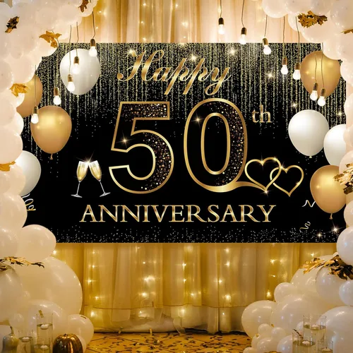 Miniatura 5 de Decoraciones doradas de aniversario de boda del número 50, telón de fondo de pancarta de feliz 50 aniversario, decoración de fiesta de hitos