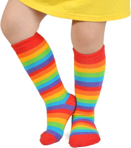 Miniatura 19 de EPEIUS Calcetines altos hasta la rodilla con rayas de arco iris para bebé, calcetines de tubo antideslizantes para uniforme de fútbol para niños