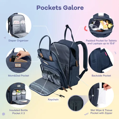 Miniatura 2 de RUVALINO Pañalera tipo mochila, mochila multifuncional para viajes, bolsas para cambiar al bebé de maternidad, gran capacidad, impermeable, azul
