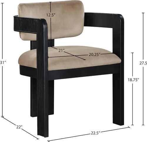 Miniatura 3 de Meridian Furniture 11095Beige-C Sacha Collection Silla de comedor Art Deco, terciopelo beige ultra lujo, terciopelo 460 GSM, madera sólida estriada