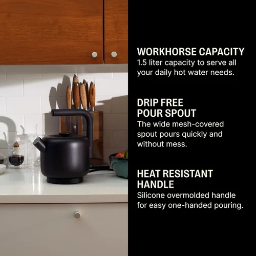 Miniatura 2 de Fellow Hervidor eléctrico Clyde – Capacidad de 1.5 litros – Diseño moderno de estufa giratoria, todo uso, acero inoxidable – Agua tibia para ramen