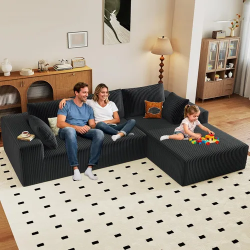 Sofá seccional modular de 96", sofá en forma de L tipo nube sin estructura con chaise lounge, tapizado de pana con asiento profundo de espuma Negro