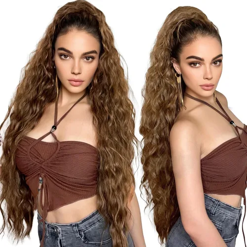 Miniatura 10 de HOOJIH Extensión de cola de caballo, extensiones de cabello con cordón para cola de caballo de 26 pulgadas de largo, pelo rizado y ondulado natural