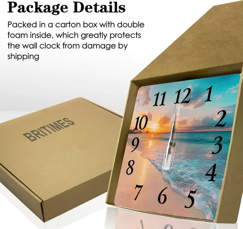 Miniatura 5 de Britimes Reloj de pared, cuadrado, silencioso, sin tictac, funciona con pilas, 12 pulgadas, mar, playa, cielo azul, arena, decoración del hogar