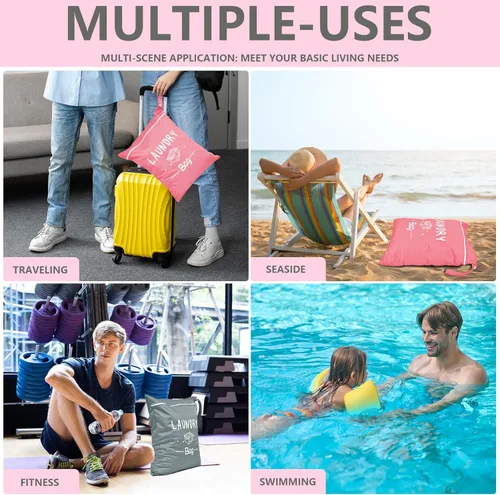 Miniatura 9 de Bolsa grande de lavandería de viaje de 2 piezas, impermeable, húmedo, seco, lavable para ropa sucia, traje de baño, entrenamiento, gimnasio, Rosa