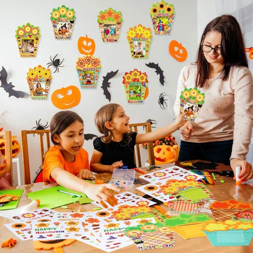 Miniatura 6 de Soaoo 48 juegos de marcos de fotos de otoño, kits de manualidades con flores de otoño, marco de fotos de bricolaje, Hello Fall Happy Halloween