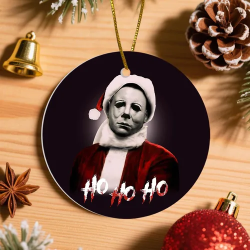 Miniatura 6 de Adornos Colgantes de Navidad Ho-Ho-Ho de 2 Lados Impresos 2025, Regalos de Terror de Navidad para Amantes de las Películas, Adorno de Cerámica