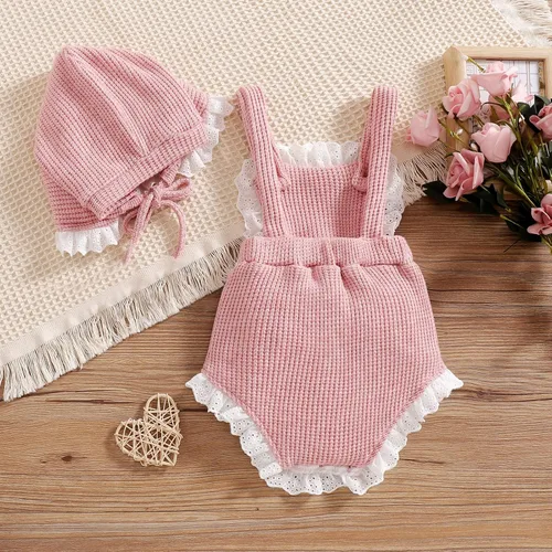 Miniatura 3 de Mameluco de una sola pieza de algodón y lino para bebé niña con volantes, sin mangas, con volantes, gorro