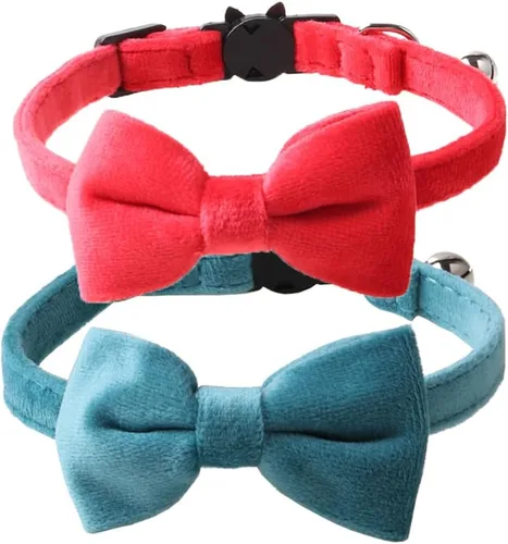 Miniatura 17 de Love Dream Collar de gato con pajarita y campanas, paquete de 2 collares de terciopelo de seguridad para gatitos con pajarita extraíble para gatos