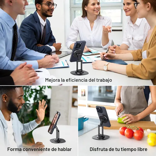 Miniatura 6 de OMOTON Soporte de Teléfono Magnético Giratório de 360° para Escritorio, Ajustable y Plegable de Aluminio para Soporte de Celular MagSafe con Base