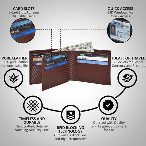 Miniatura 9 de Carteras plegables de cuero RFID hechas a mano para hombres en varios colores que ofrecen 9 tarjetas y 1 ranuras para identificación