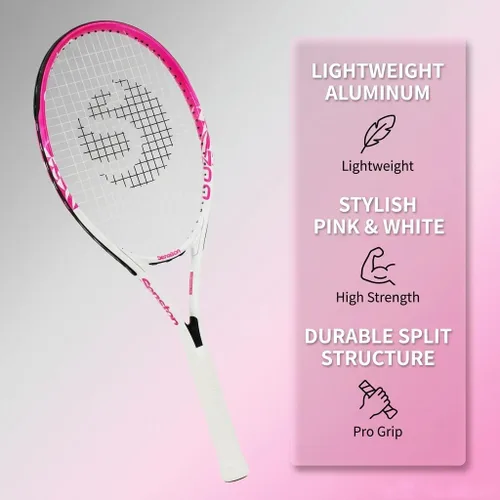 Miniatura 2 de Senston 27 inch Tennis Racket for Adults 1 Pack Tennis Racket Set Tennis Overgrip, Vibration Damper Blanco Rosa
