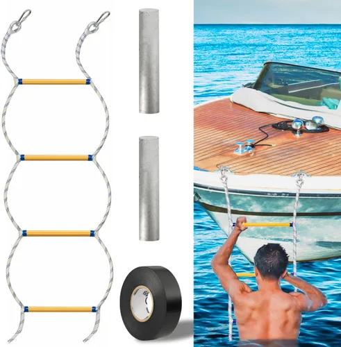 Escalera para lancha inflable, kayak, lancha motora, escalera de cuerda para lancha, capacidad de carga de 400 libras, 4 escalones Blanco