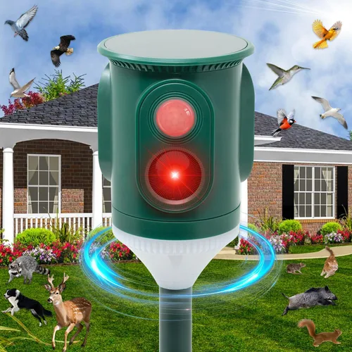 Repelente solar ultrasónico de animales para exteriores, disuasorio de plagas activado por movimiento de 360° con luz estroboscópica, protección de