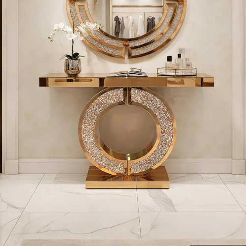 Miniatura 13 de Mesa consola de media luna de 47 pulgadas con cajón de cristal estriado y perilla de cristal, escritorio plateado para entrada, dormitorio, vestidor