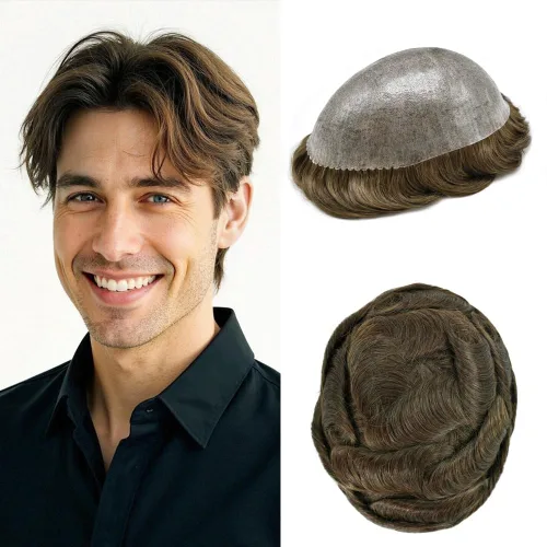 Miniatura 75 de Toupee para hombres pieza de pelo suave poli piel real sistema de cabello humano para hombre tupé durable PU piezas de pelo para hombres reemplazo
