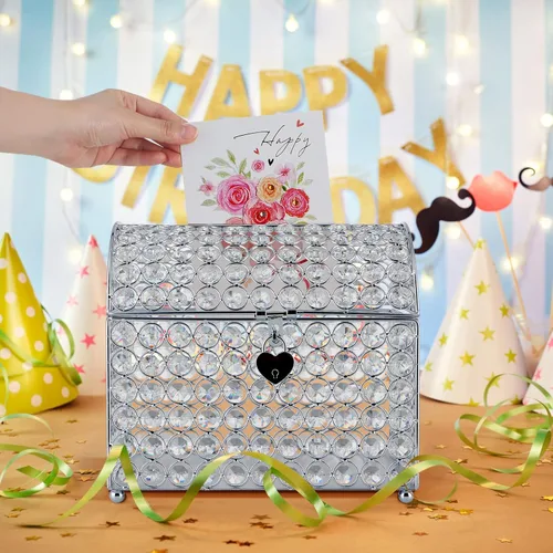 Miniatura 6 de MDLUU Caja de tarjetas del cofre del tesoro con cerradura en forma de corazón, soporte para sobres de cuentas de cristal para bodas, fiestas, Plata