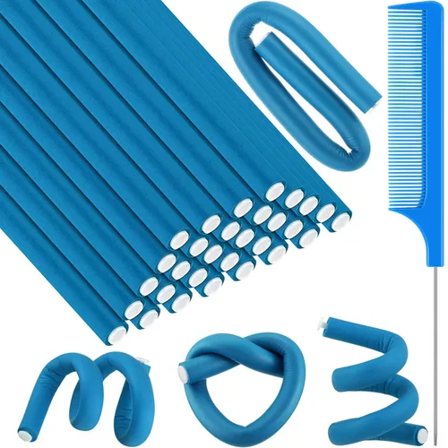 Syhood 30 Piezas Varillas Rizadoras Flexibles 9.45 Pulgadas Rodillos de Espuma Twist Suaves Sin Calor Varillas Rizadoras de Cabello y 1 Peine de Azul