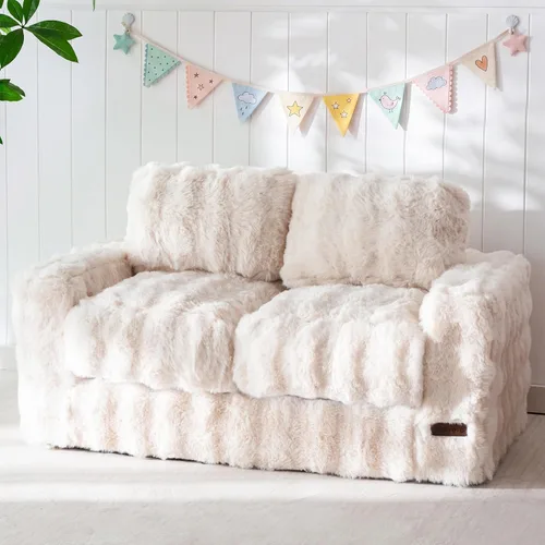 MAXYOYO Puf extra ancho para niños, cómodo sofá puff de tela de burbujas con relleno, sofá tapizado con almohadas y reposabrazos, sofá de suelo Beige
