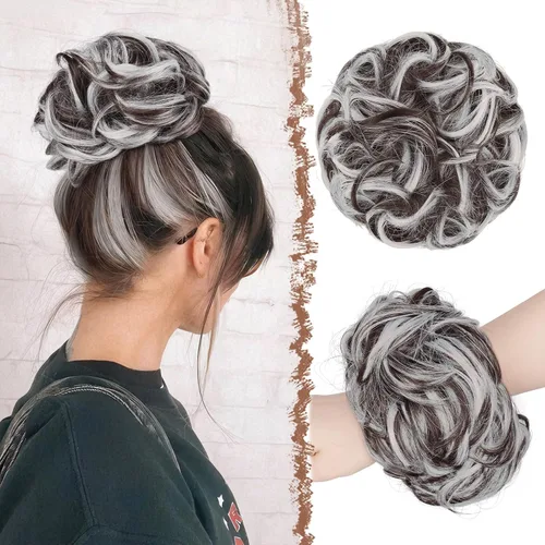 Miniatura 15 de FESHFEN Pieza de Cabello Grande de Moño Desordenado de Fibra Sintética Negro Azabache, 1.94 oz