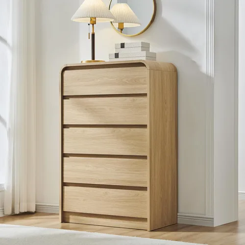Aitjunz Cómoda moderna de 5 cajones para dormitorio, 114 cm de altura con diseño de perfil curvo, cómoda vertical de madera estilo mediados de siglo