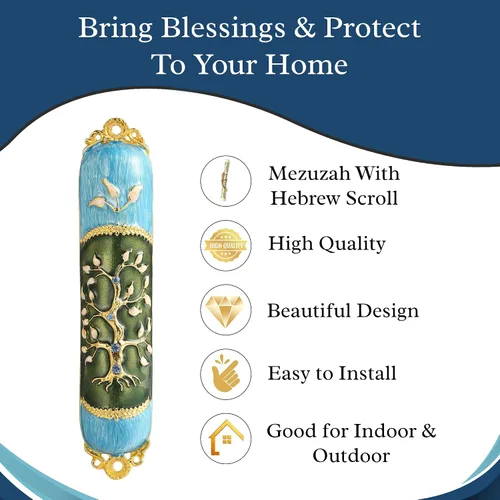 Miniatura 7 de Mezuzah esmaltada pintada a mano adornada con un árbol de la vida diseño con detalles dorados y cristales por Matashi, (MTMZ221)
