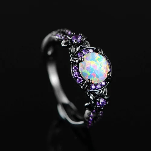 Miniatura 5 de Opaltop - Anillo de compromiso chapado en negro con ópalo de fuego blanco y amatista tallas 5 a 10 para niñas y mujeres latín 8 negro aro