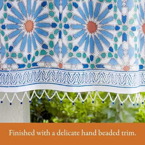 Miniatura 3 de Saffron Marigold Cortina de cenefa impresa a mano con ribete de cuentas, mosaique azul cielo principal, perfecta para cocina, dormitorio, baño