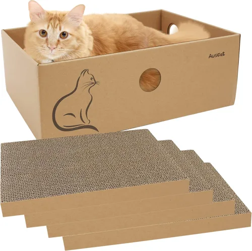 AUSCAT Rascador de cartón para gatos, 4 tablas de rascar reversibles para gatos con caja para que el gatito de interior descanse y juegue, 14.8