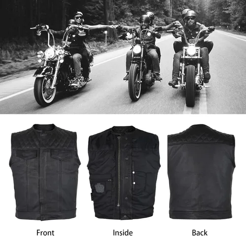 Miniatura 5 de GARGOYLE BELLS Chaleco de cuero para hombre, estilo SOA, con bolsillos para pistolas, chaleco para motociclista, para hombre