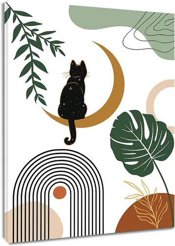LB Lienzo minimalista de mediados de siglo, gato negro con luna abstracta y hojas verdes, arte de pared, decoración abstracta moderna para sala de