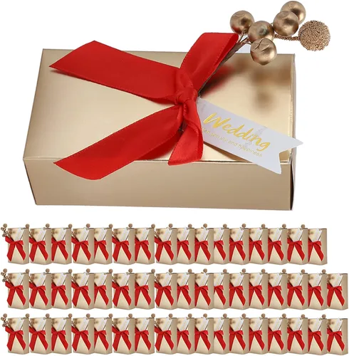 Miniatura 10 de Cajas de recuerdos de fiesta con lazo, 50 unidades, cinta de champán, caja de regalo de papel de caramelo, bolsas rectangulares con purpurina