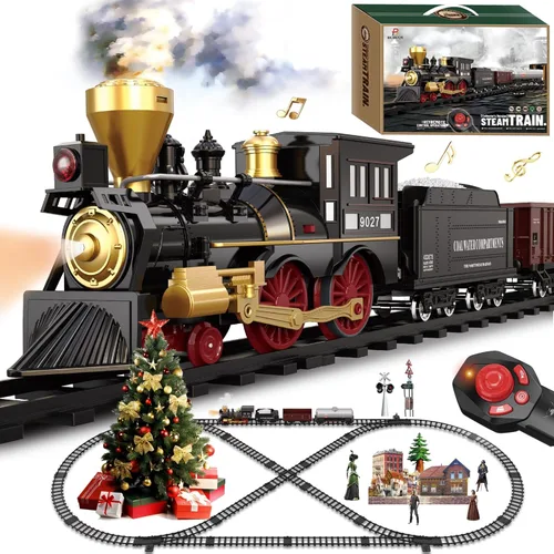 Juego de tren para niños con control remoto, juguetes de tren con locomotora de vapor, tanque de combustible y pistas de lujo, trenes eléctricos con